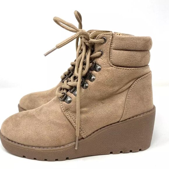 Alexis Bendel Sofia Wedge Ankle Bootie Lace up Zipper Taupe Size 7 - Picture 1 of 9